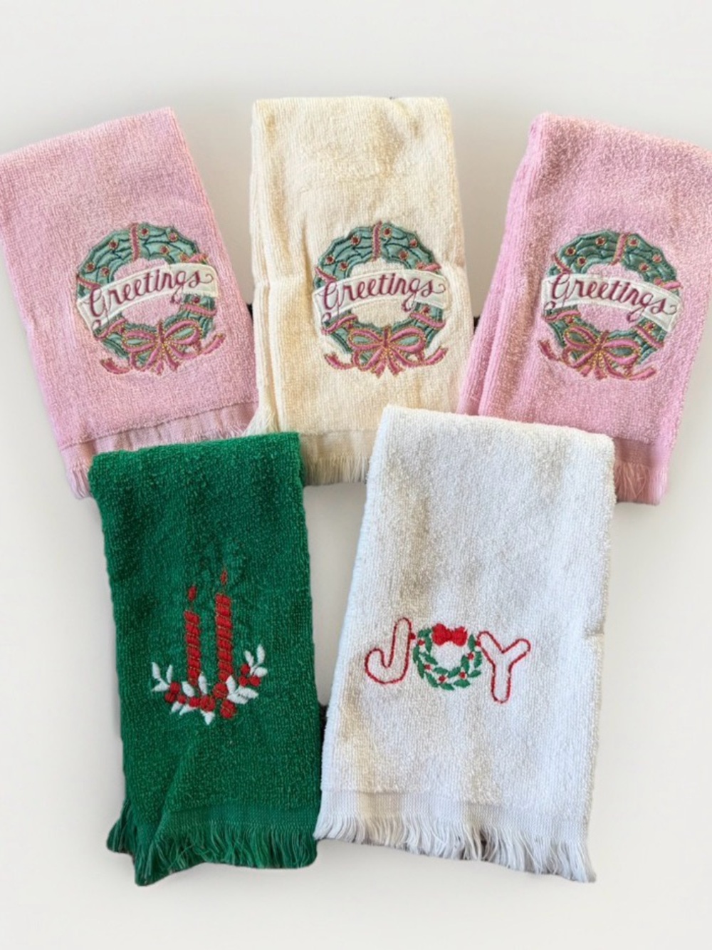 VTG Christmas Towel Set of 5 Cottagecore Embroidered Fringed Wreath Joy Candle